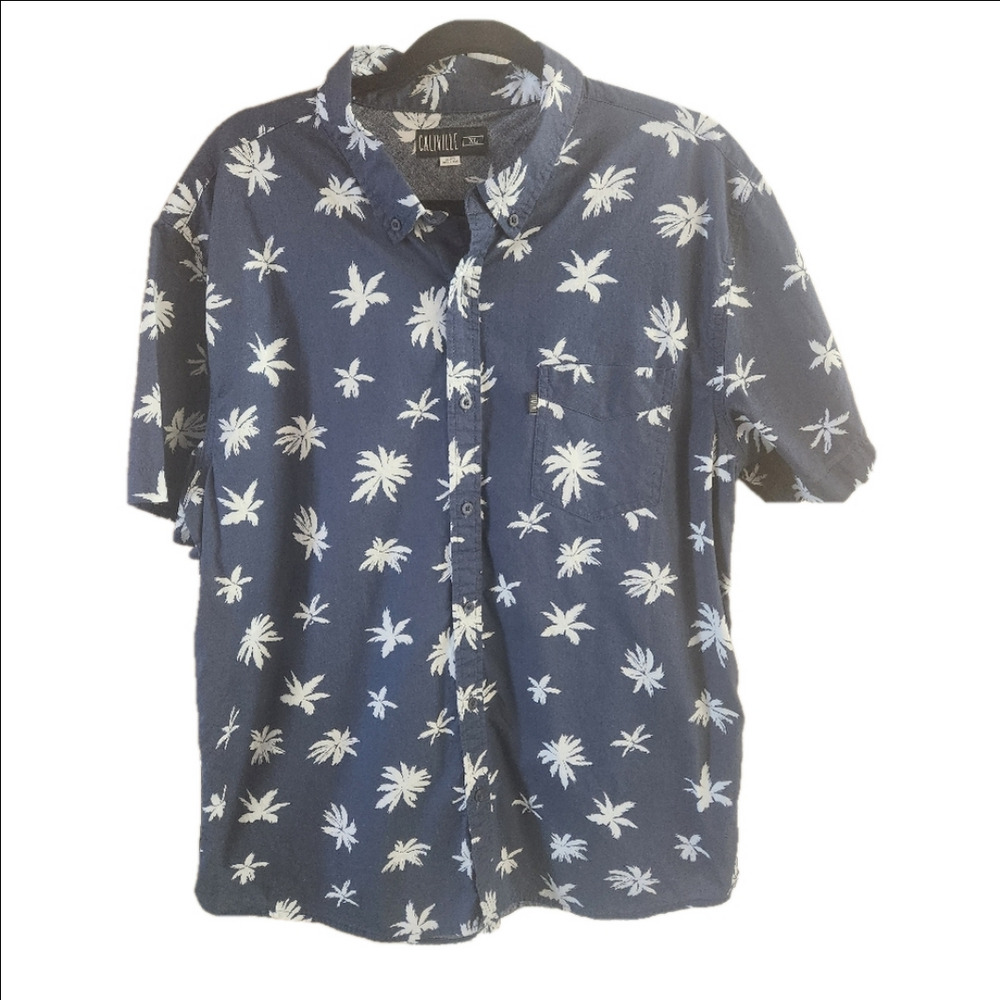 Men's Caliville Blue & White Palm Trees Button Up Shirt XL